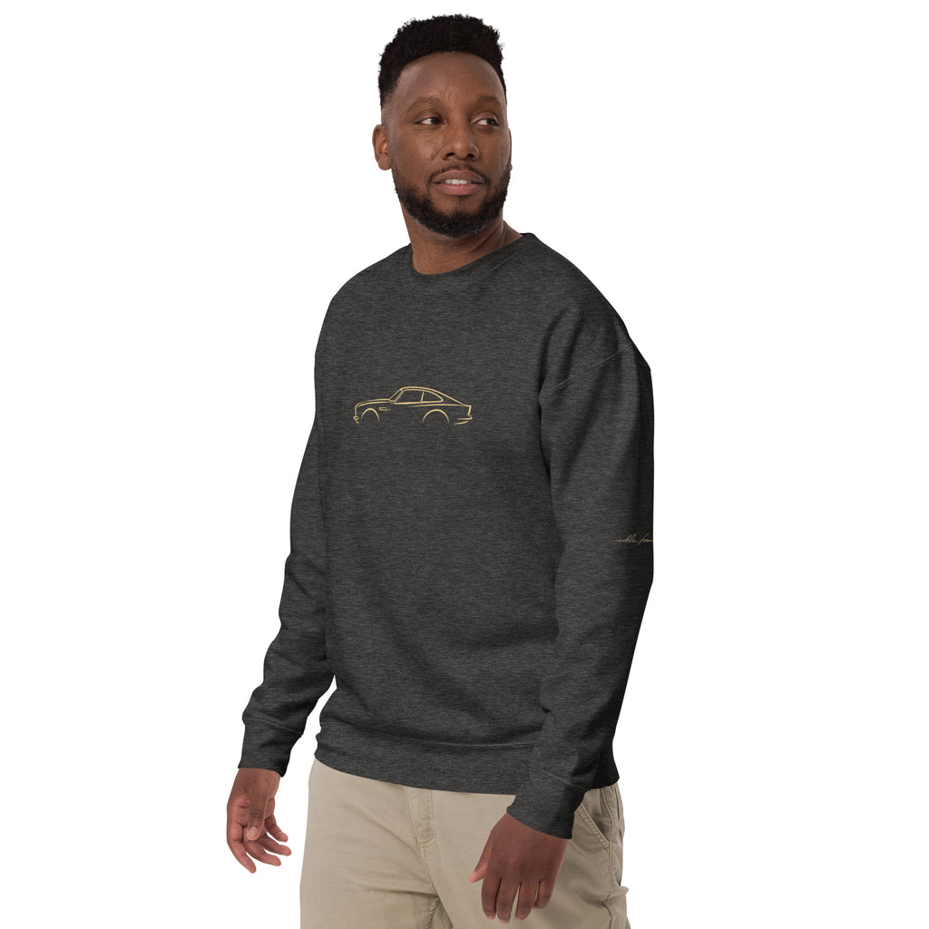 Aston Martin DB5 Premium Sweatshirt — Core Colors in Charcoal Heather — model wearing the sweatshirt