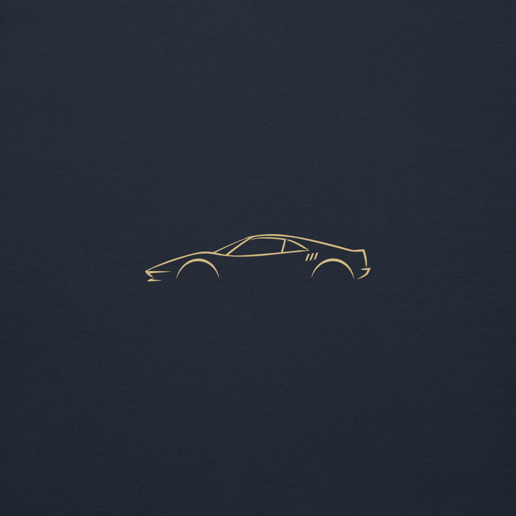 Ferrari 288 GTO Premium Sweatshirt — Core Colors in Navy Blazer — close-up of the car drawing on fabric