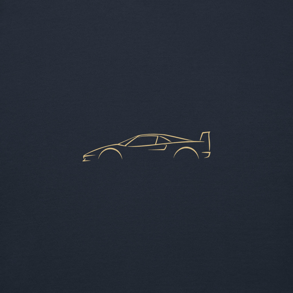 Ferrari F40 Premium Sweatshirt — Core Colors in Navy Blazer — close-up of the car drawing on fabric