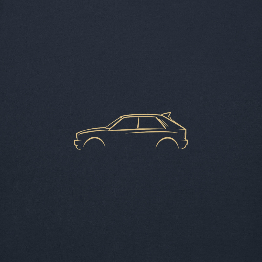 Lancia Delta Integrale Evo Premium Sweatshirt — Core Colors in Navy Blazer — close-up of the car drawing on fabric
