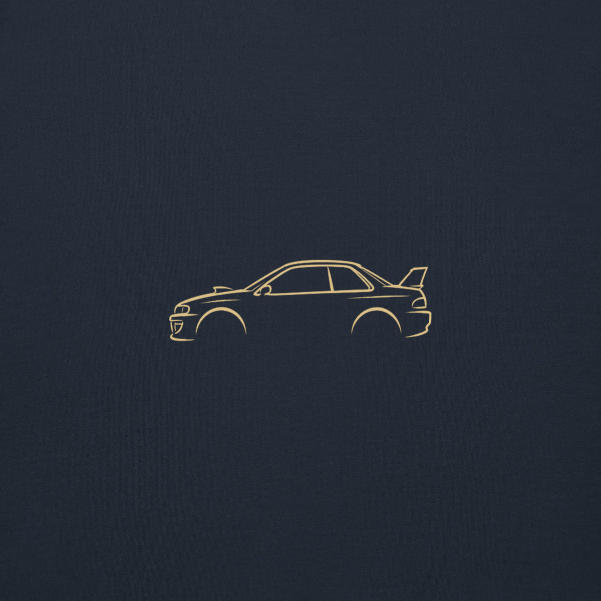 Subaru Impreza 22B Premium Sweatshirt — Core Colors in Navy Blazer — close-up of the car drawing on fabric