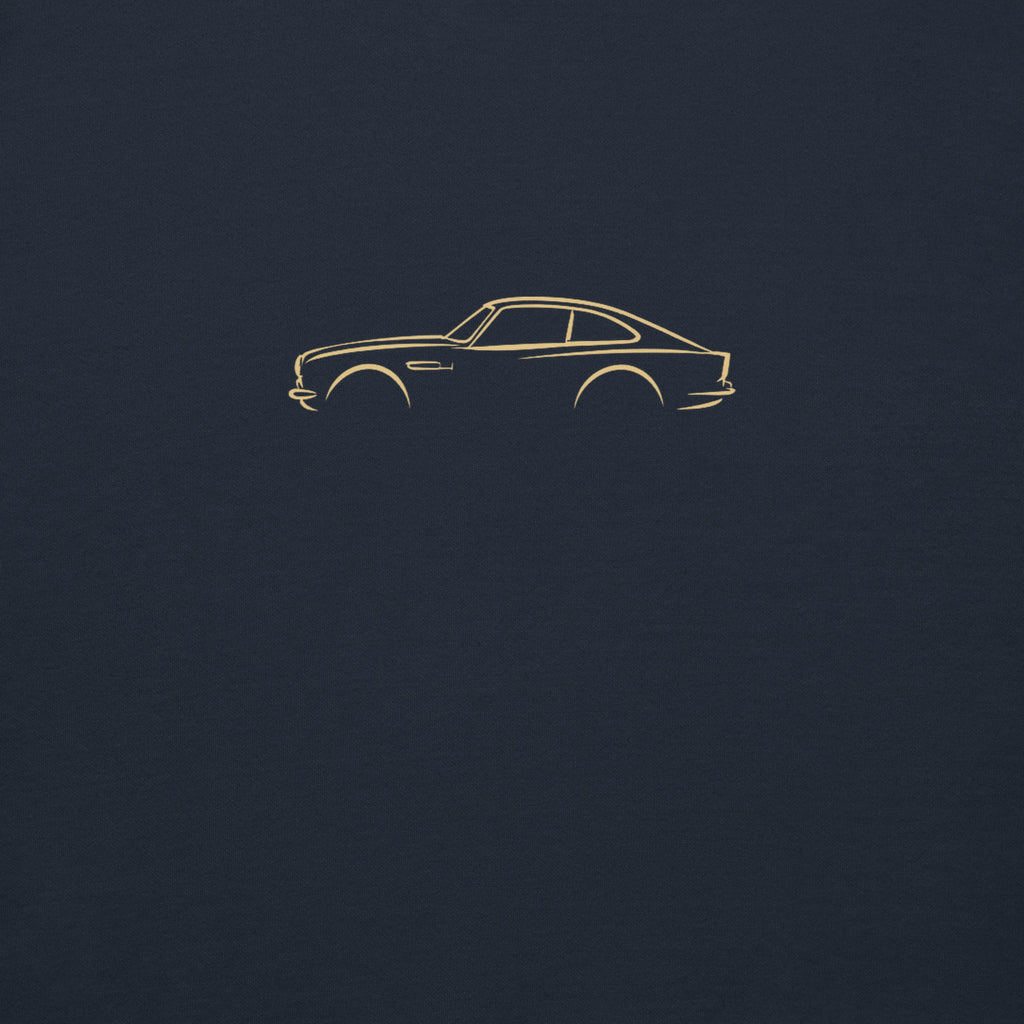 Aston Martin DB5 Premium Sweatshirt — Core Colors in Navy Blazer — close-up of the car drawing on fabric
