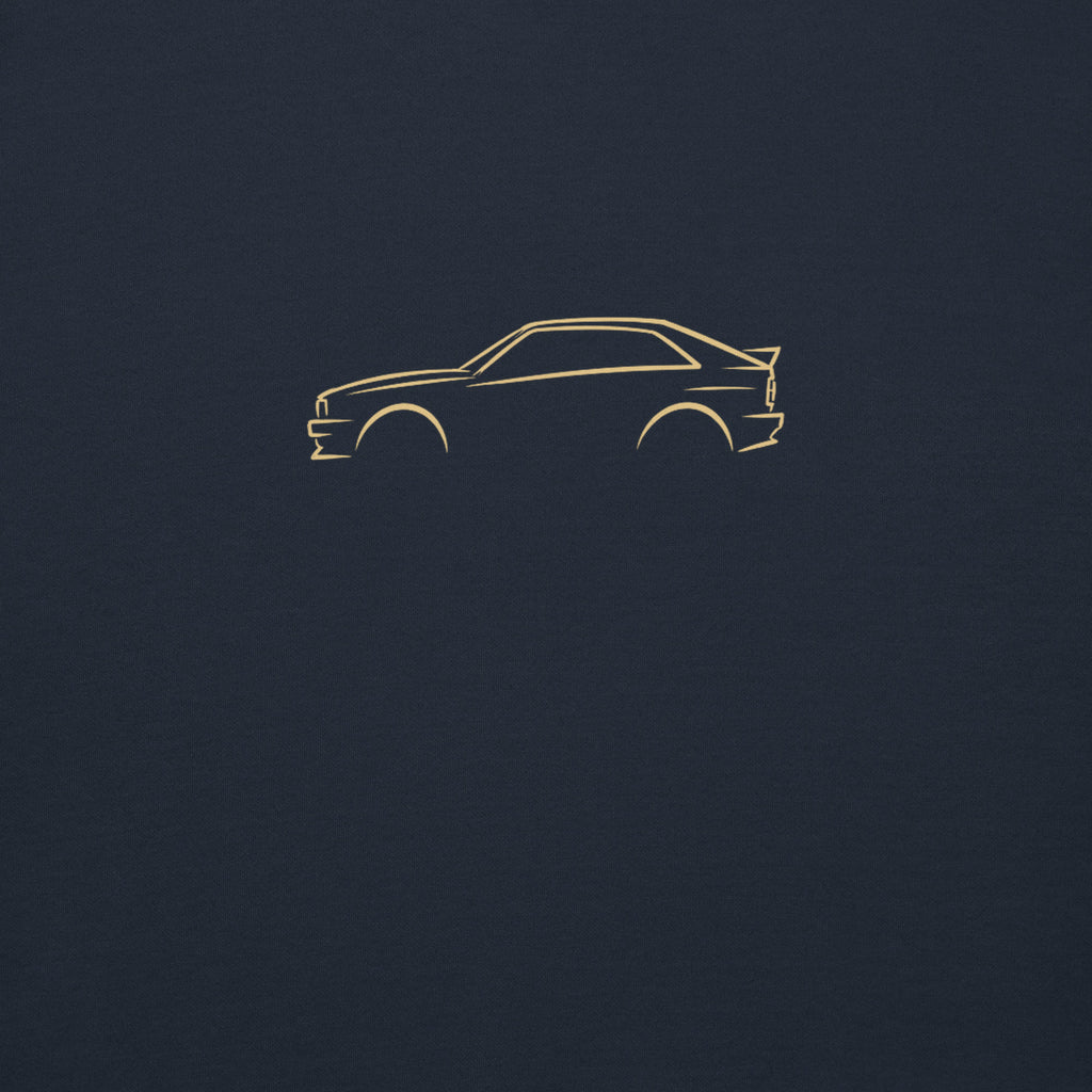 Audi Ur-quattro Premium Sweatshirt — Core Colors in Navy Blazer — close-up of the car drawing on fabric