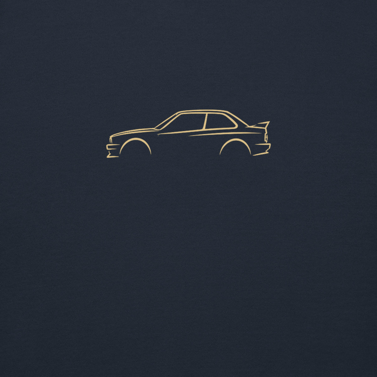 BMW M3 (E30) Premium Sweatshirt — Core Colors in Navy Blazer — close-up of the car drawing on fabric