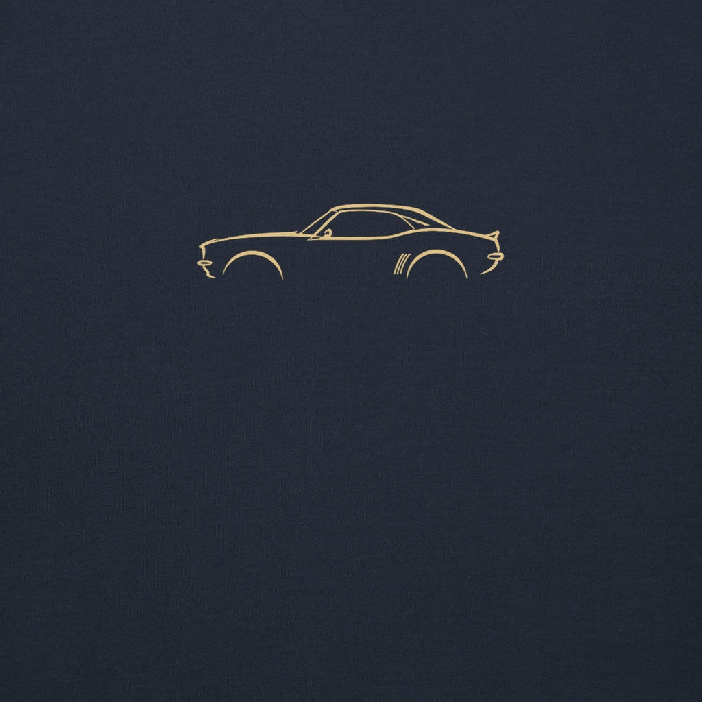 Chevrolet Camaro (1969) Premium Sweatshirt — Core Colors in Navy Blazer — close-up of the car drawing on fabric
