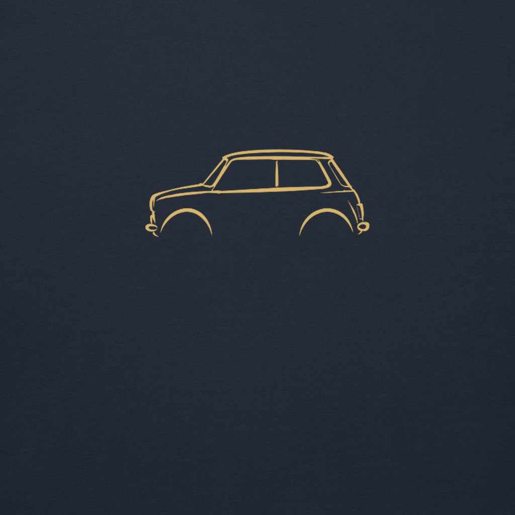 Classic Mini Cooper Premium Sweatshirt — Core Colors in Navy Blazer — close-up of the car drawing on fabric