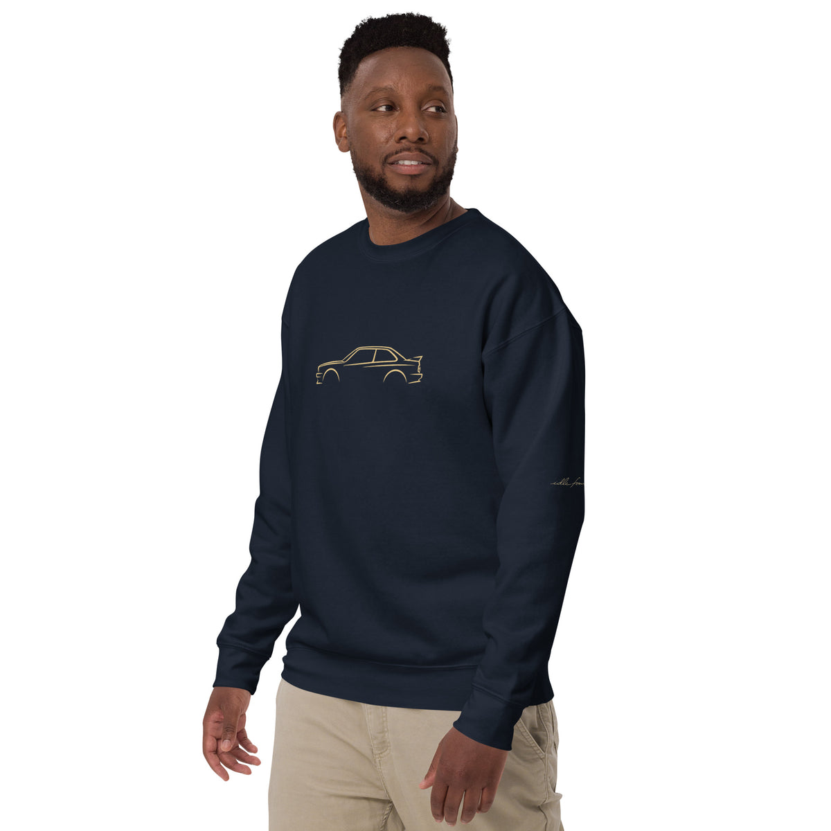 BMW M3 (E30) Premium Sweatshirt — Core Colors in Navy Blazer — model wearing the sweatshirt