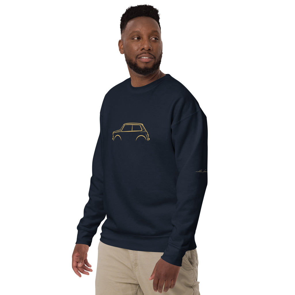Classic Mini Cooper Premium Sweatshirt — Core Colors in Navy Blazer — model wearing the sweatshirt